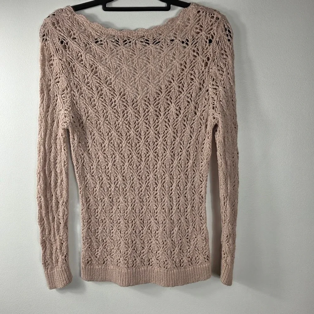 LOFT Pink Crochet Knit V Neck Long‎ Sleeve Sweater Top Size S Lightweight - Picture 2 of 6